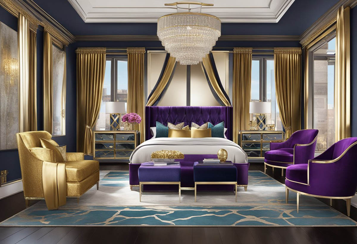 Hollywood style bedroom with gold and purple design