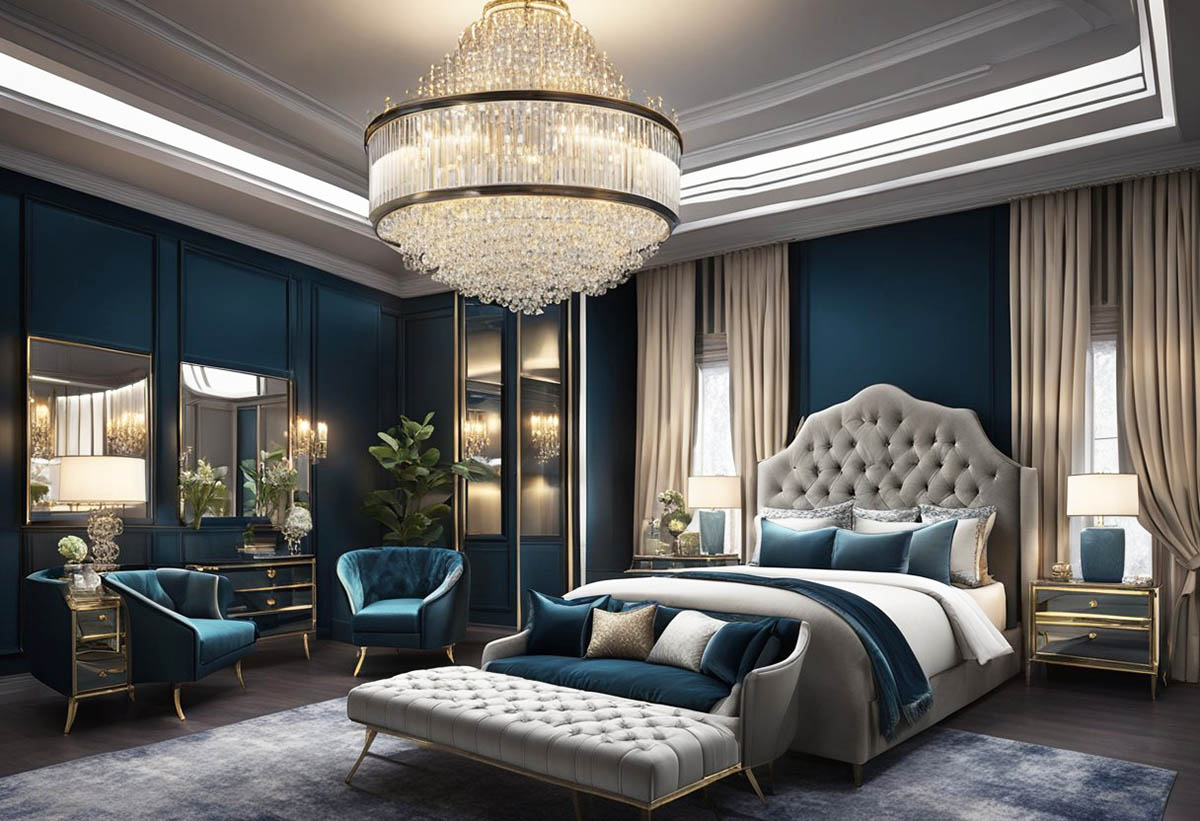 Hollywood glam bedroom with dark blue finishes