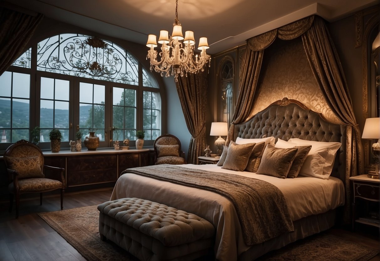 A cozy European bedroom with ornate furniture, soft lighting, and luxurious textiles. Rich colors and intricate patterns create a warm and inviting atmosphere