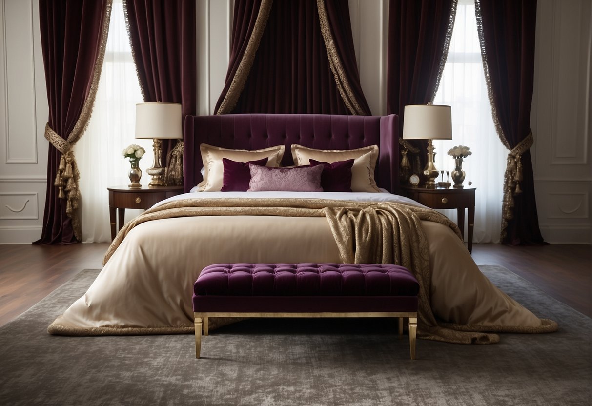 A luxurious boudoir bedroom with velvet drapes, silk bedding, and plush carpeting, adorned with intricate lace and satin accents