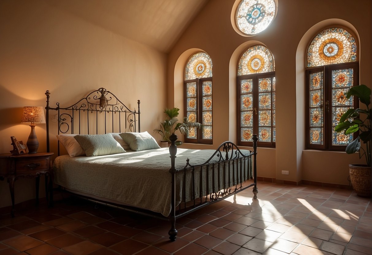 A cozy Spanish bedroom with wrought iron bed, colorful mosaic tiles, and carved wooden furniture. Arched windows let in warm sunlight