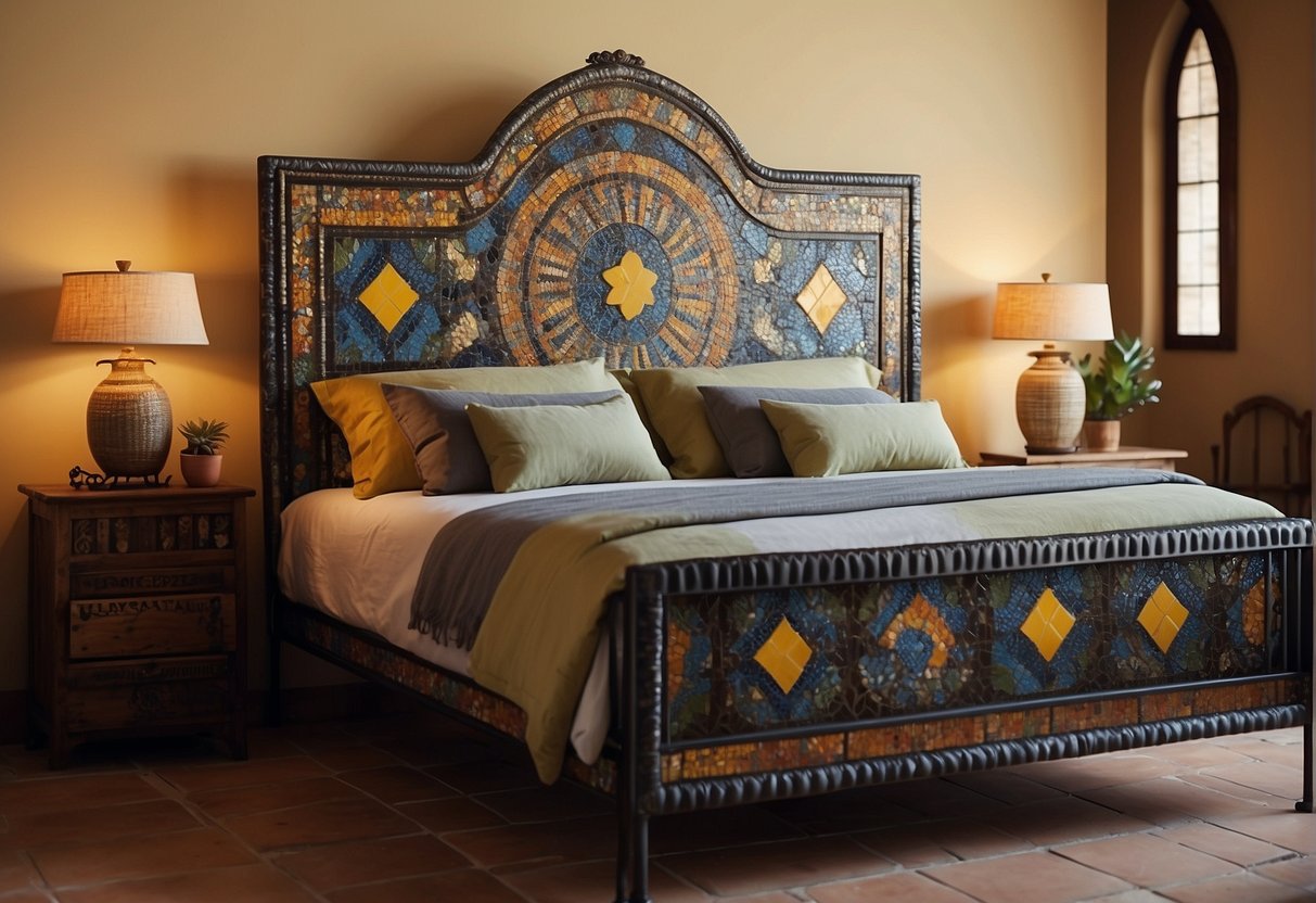 A wrought iron bed, colorful mosaic tiles, and a carved wooden headboard in a Spanish bedroom. Rich textiles and ornate lighting add to the ambiance