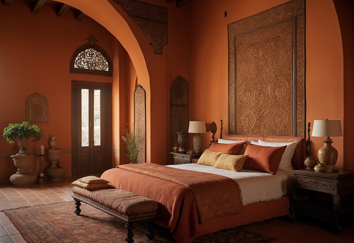 A warm color palette of red, gold, and terracotta dominates the Spanish bedroom. Intricate Moorish patterns adorn the walls and textiles, while wrought iron details and dark wood furniture add to the traditional theme