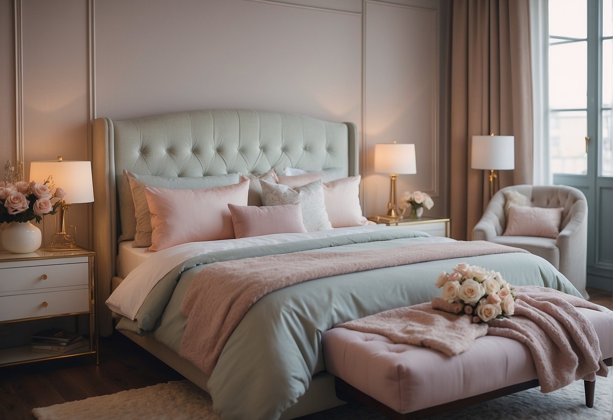 A cozy boudoir bedroom with soft, pastel colors, luxurious fabrics, and elegant furniture arranged in a romantic and intimate layout